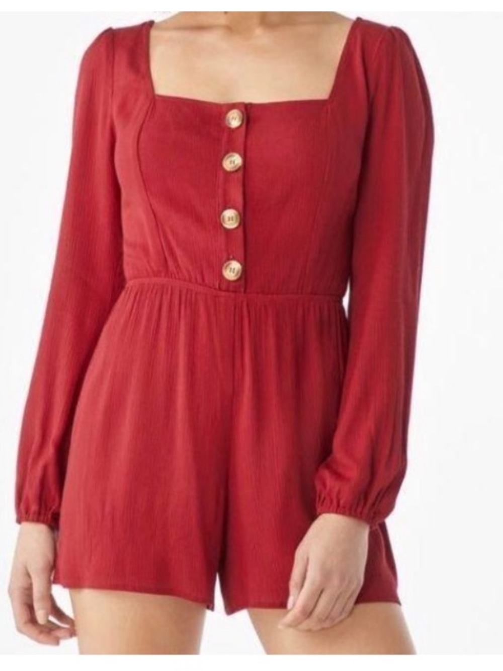 JustFab Raspberry Red Long-Sleeve Button Front Romper - Picture 2 of 9